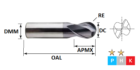 6.0mm 2 Flute Ball Nose Standard Pulsar Carbide Slot Drill (Flatted Shank)
